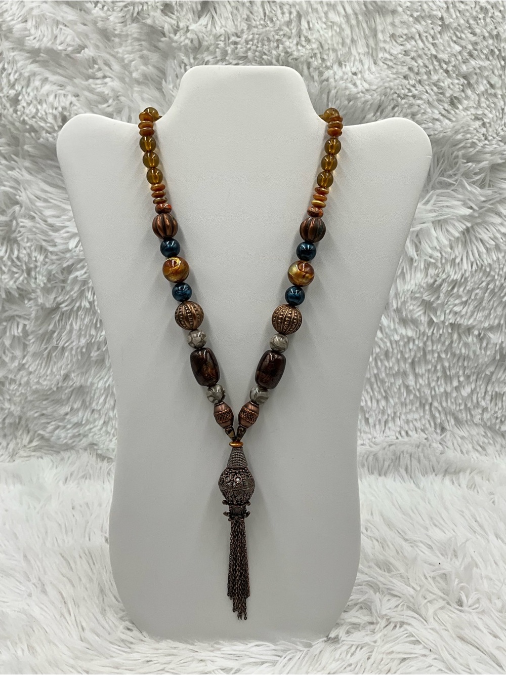 Boho Tassel Mixed Beaded Necklace in Brown & Amber Earth Tones Adjustable
